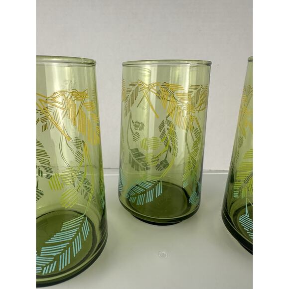 Libbey Green Drinking Glass Tumbler Leaf Jungle Foliage Yellow Blue Print VTG 3 - Picture 3 of 7